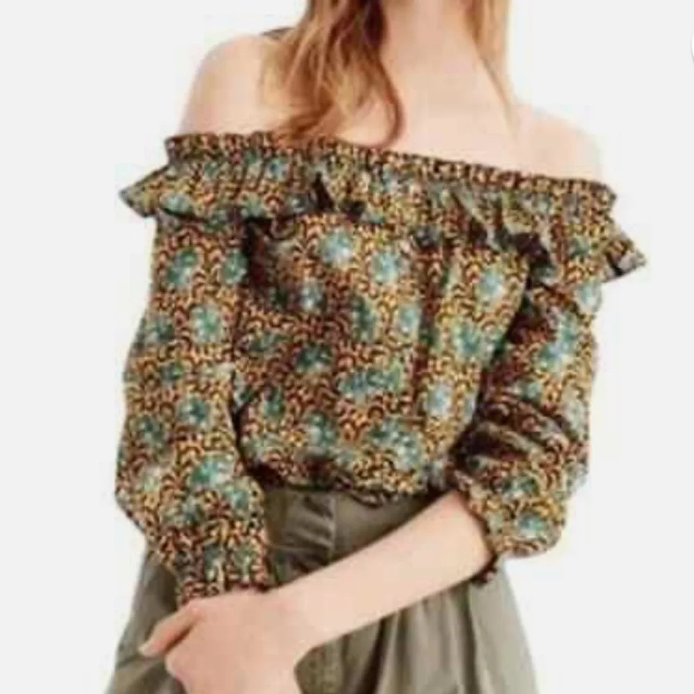 J Crew Ratti Safari Elephant Off the Shoulder Ruffle Button Down Blouse Sz 00